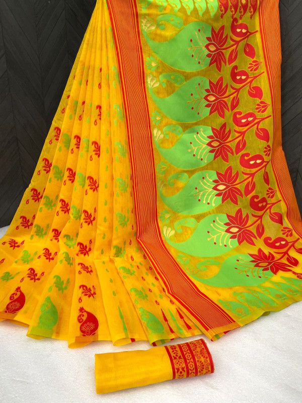 Woven Jamdani Cotton Silk, Cotton Blend Saree  (Yellow)