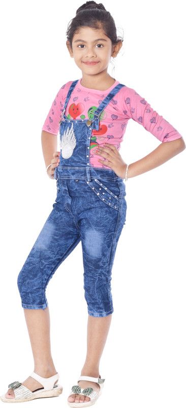 Dungaree For Baby Girls Printed Hosiery, Denim  (Dark Blue, Pack of 1)