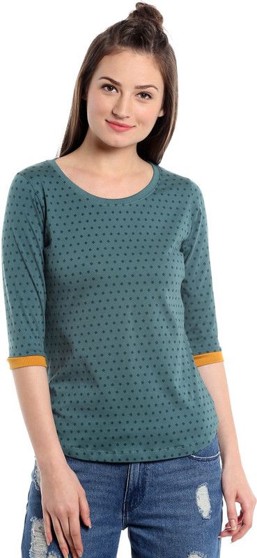 Women Printed Scoop Neck Cotton Blend Blue T-Shirt