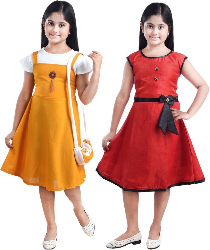Girls Calf Length Festive/Wedding Dress  (Yellow, Short Sleeve)