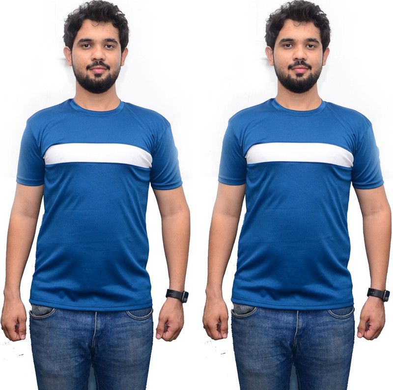 Striped Men Blue, Blue T-Shirt  (Pack of 2)