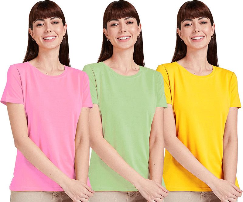 Pack of 3 Women Solid Round Neck Poly Cotton Multicolor T-Shirt