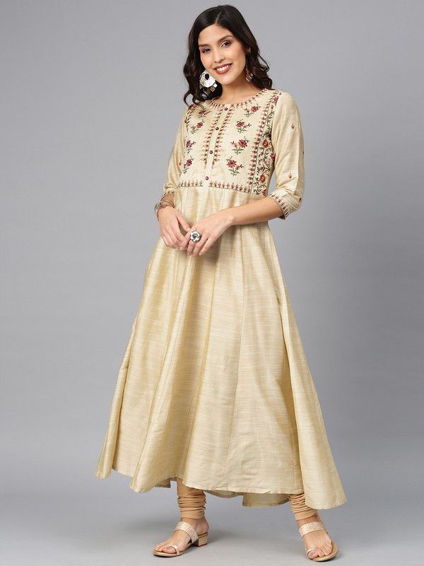 Women Embroidered Pure Silk Flared Kurta  (White)