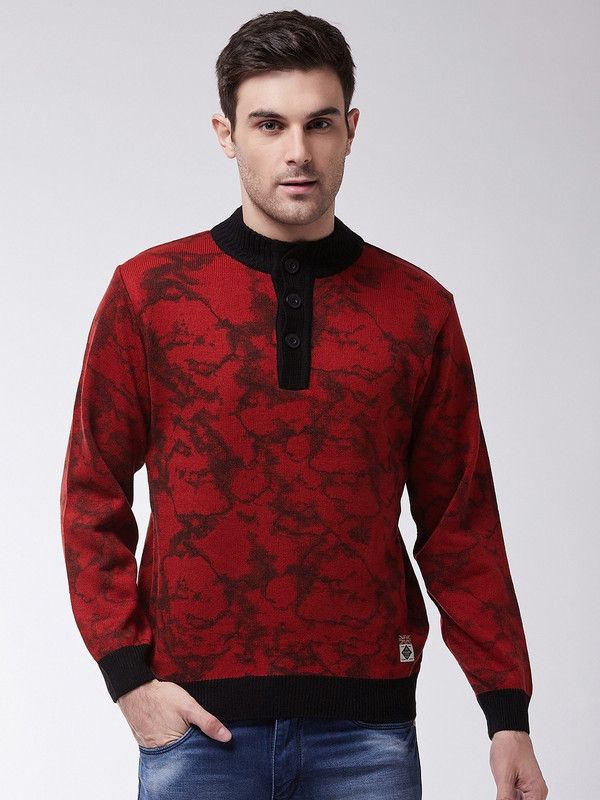 Men Striped High Neck Red Sweater