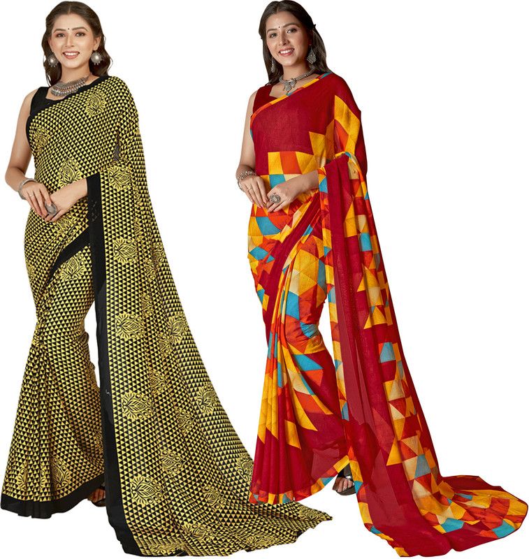 Floral Print, Paisley, Ombre, Geometric Print Daily Wear Georgette Saree  (Pack of 2, Red, Yellow, Black)