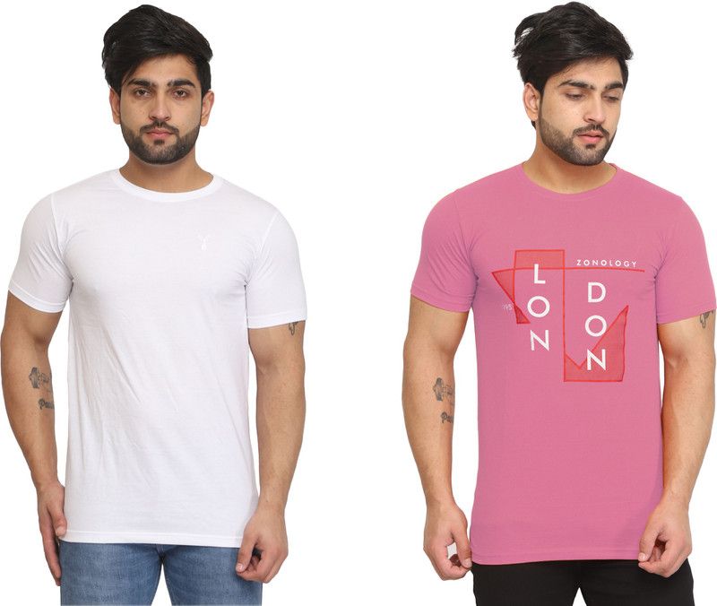 Printed Men White, Pink T-Shirt  (Pack of 2)