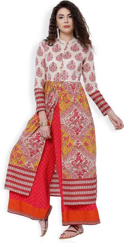 Women Printed Cotton Blend Anarkali Kurta  (Pink, Beige)