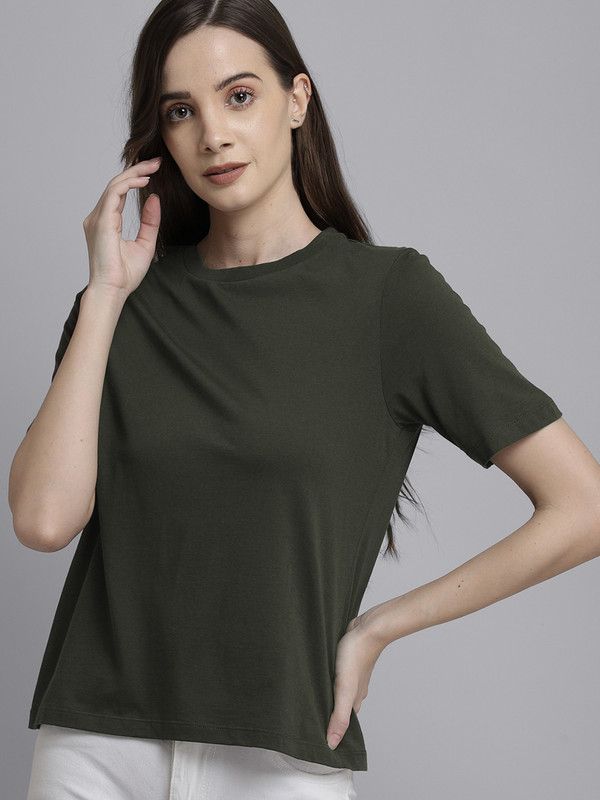 BY Free Authority Women Solid Round Neck Pure Cotton Green T-Shirt