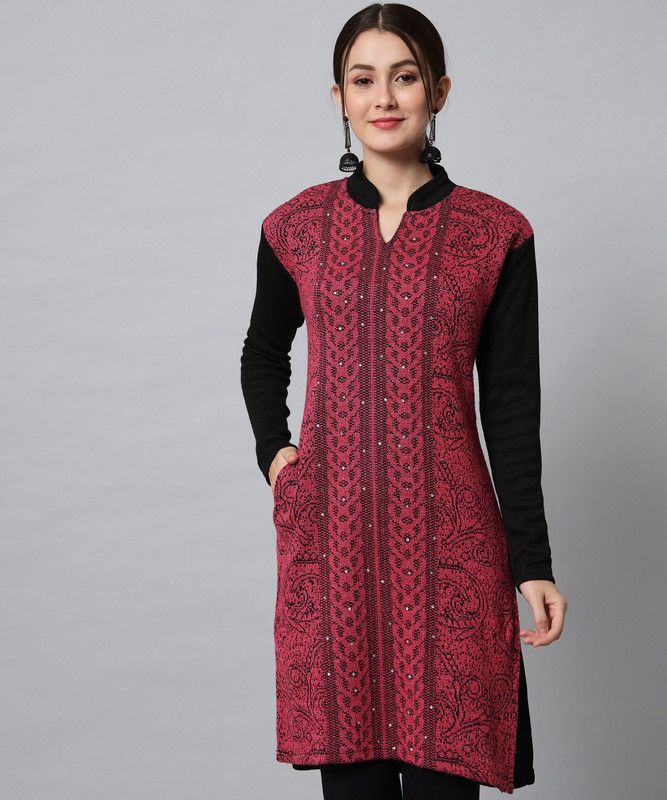 Women Woven Design Wool Straight Kurta  (Pink, Black)