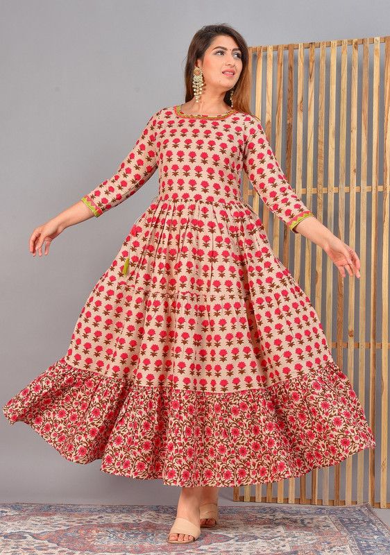 Women Self Design Cotton Rayon Anarkali Kurta  (Beige)
