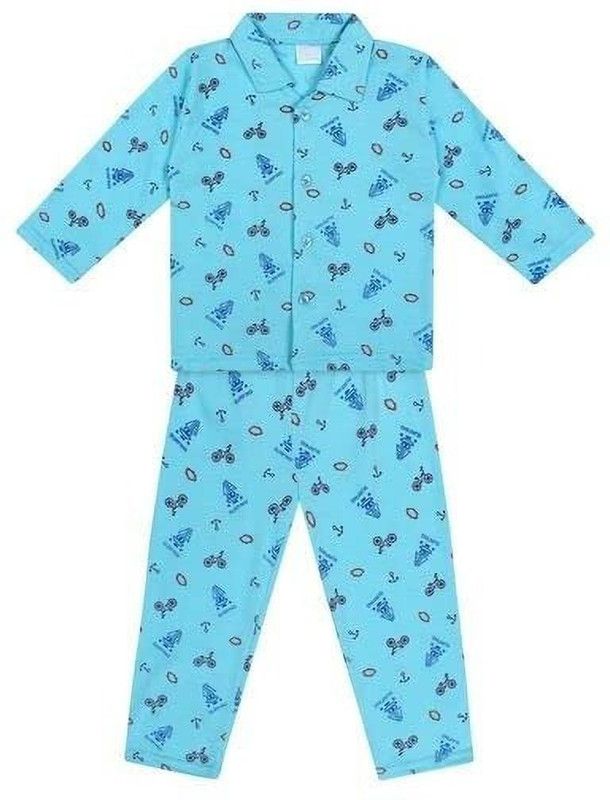 Boys & Girls Graphic Print Cotton Blend Kids Nightwear  (Blue Pack of 1)