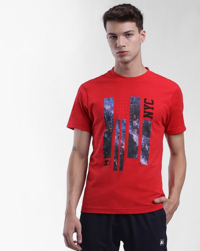 410330182-Red Men Printed Round Neck Cotton Blend Red T-Shirt