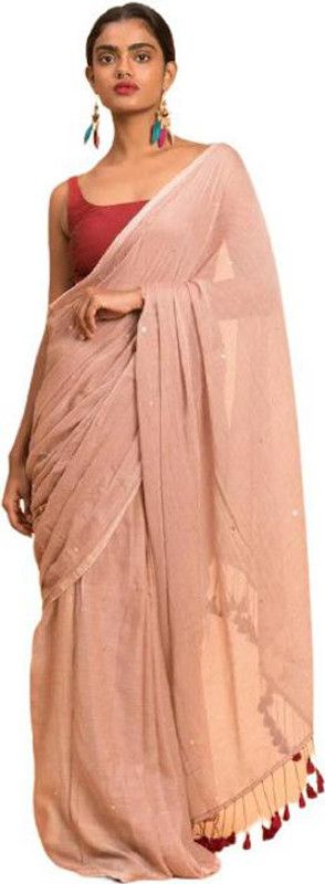 Solid/Plain Bollywood Pure Cotton Saree  (Beige)