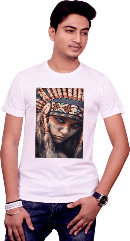 1703 Men Printed Round Neck Polyester White T-Shirt