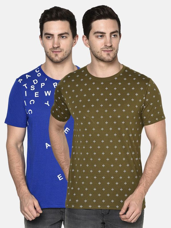 Pack of 2 Men Printed, Typography Round Neck Cotton Blend Green, Blue T-Shirt