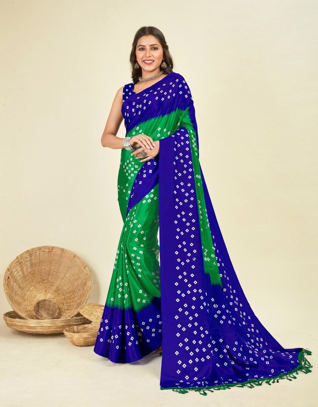 Embellished, Geometric Print, Printed Bandhani Silk Blend Saree  (Green, Blue)
