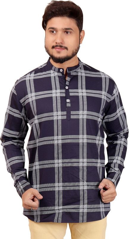 Men Checkered Pure Cotton Straight Kurta  (Dark Blue, Grey)