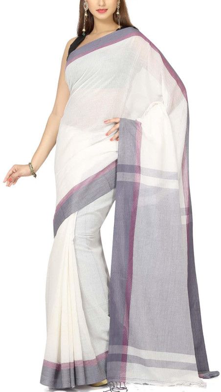 Solid/Plain Tant Handloom Cotton Linen Saree  (White)