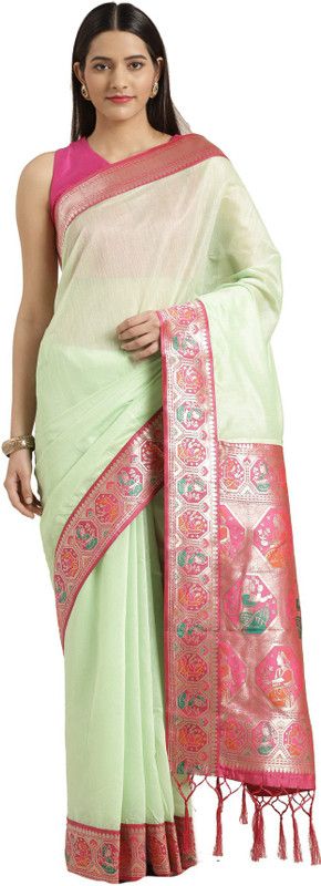 Self Design, Woven Banarasi Cotton Blend Saree  (Pink, Light Green)