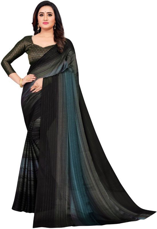 Striped Bollywood Chiffon Saree  (Black)