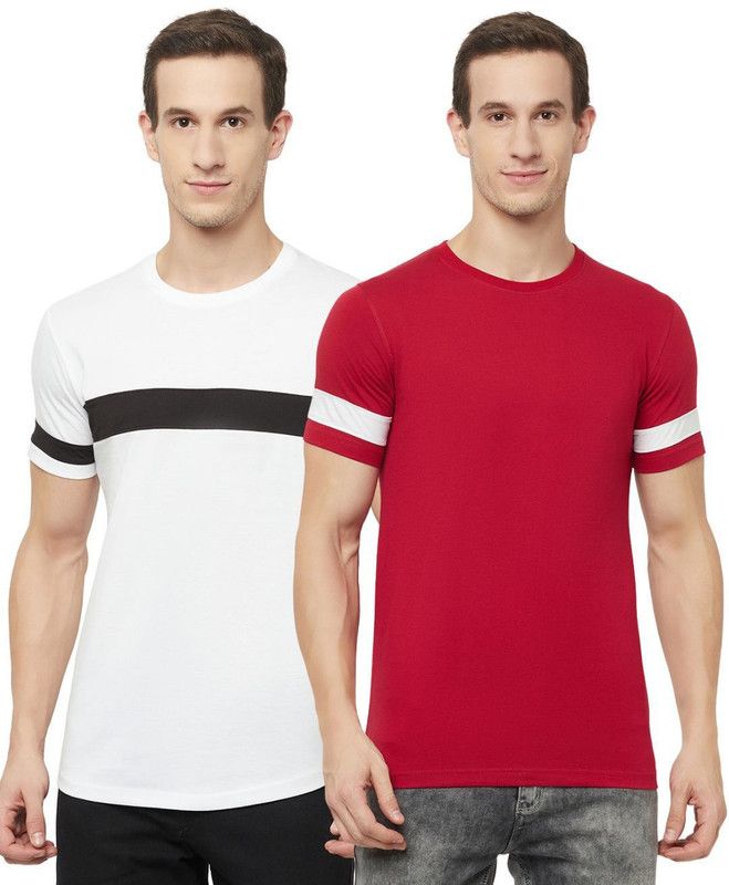 Pack of 2 Men Abstract Round Neck Cotton Blend Red, White T-Shirt