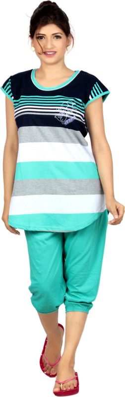 Women Top & Capri Set Dark Blue Striped