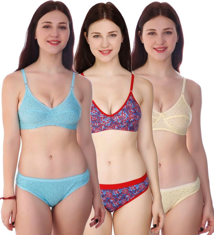 Bra & Panty Set Self Design Light Blue, Blue, Yellow Lingerie Set