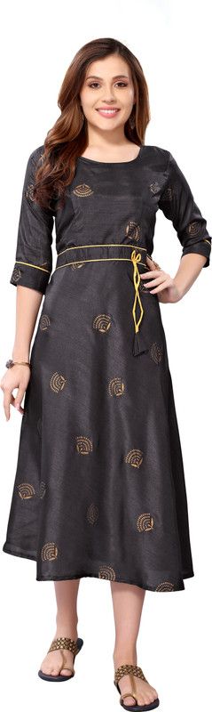 Women Printed Cotton Silk A-line Kurta  (Grey)