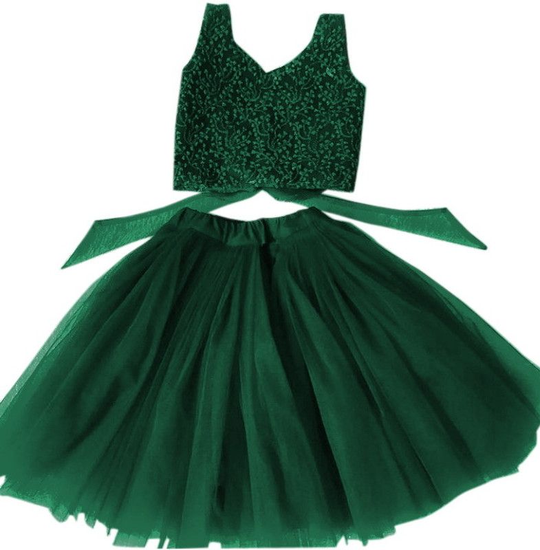Indi Baby Girls Lehenga Choli Ethnic Wear Embellished Lehenga & Crop Top  (Green, Pack of 1)