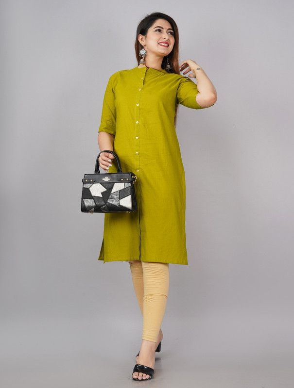 Women Solid Pure Cotton Frontslit Kurta  (Green)