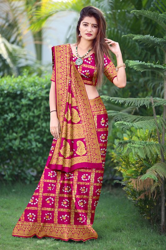 Hand Painted Bandhani Art Silk Saree  (Pink)