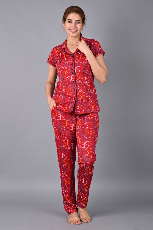 Women Red Night Suit Set