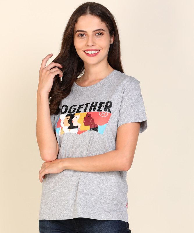 WT SCOOP NECK PRFCT TEE TOGETHR BTWNG GR Women Printed Round Neck Pure Cotton Grey T-Shirt
