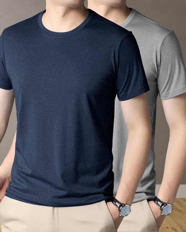 Pack of 2 Men Solid Round Neck Cotton Blend Grey, Navy Blue T-Shirt