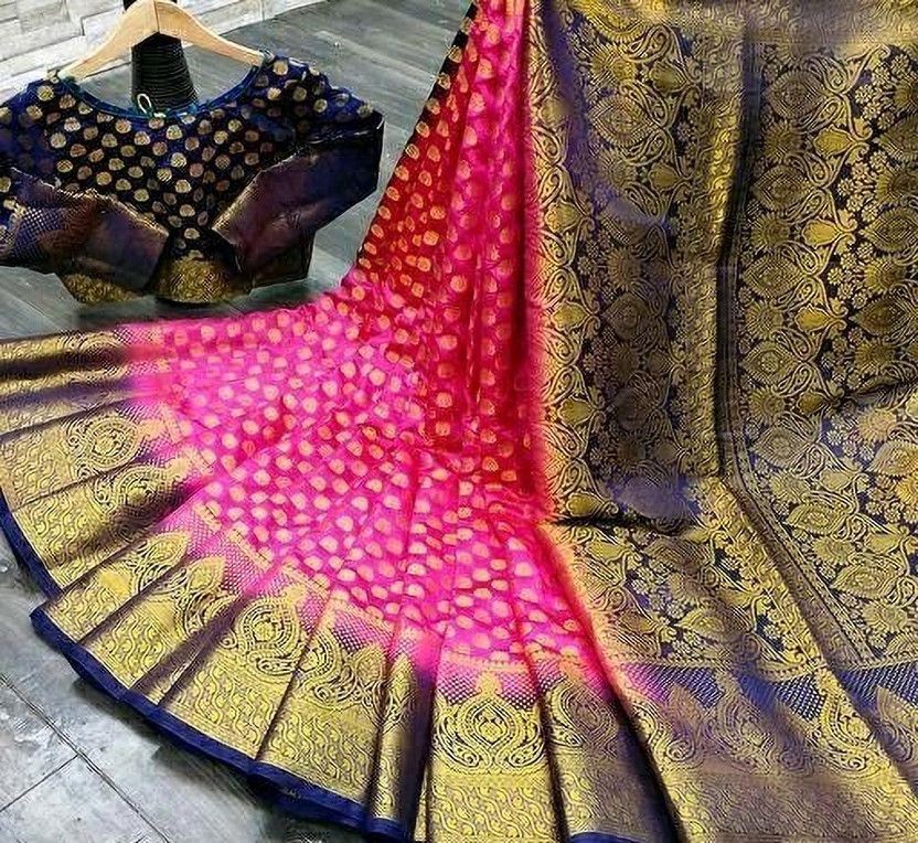 Woven Kanjivaram Cotton Silk Saree  (Dark Blue)