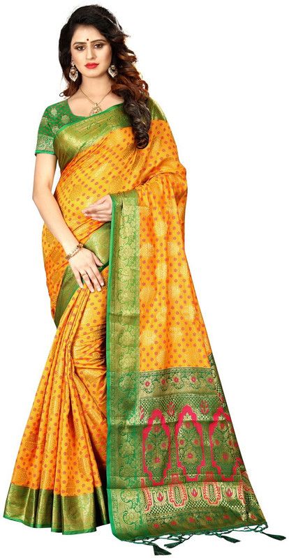 Embellished Paithani Silk Blend Saree  (Mustard)