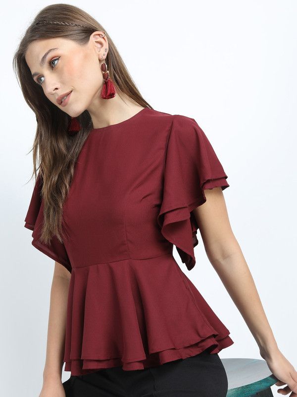 Casual Ruffled Sleeves Solid Women Maroon Top