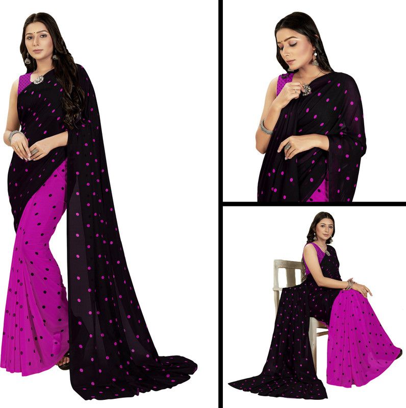 Polka Print Daily Wear Georgette Saree  (Black, Pink)