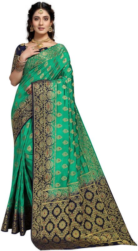 Woven Kanjivaram Art Silk, Pure Cotton Saree  (Dark Blue, Green)