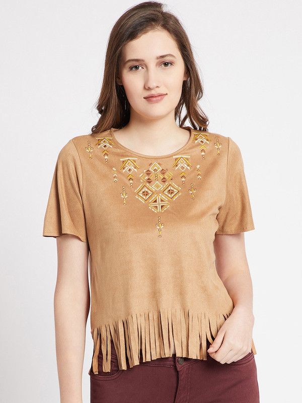 Casual Regular Sleeves Embroidered Women Brown Top