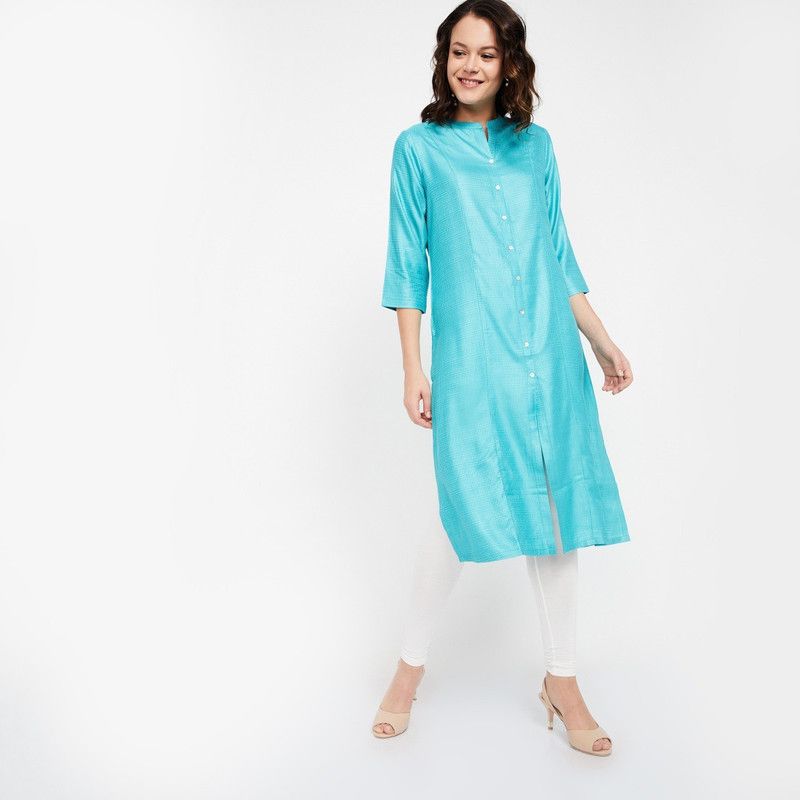 Women Self Design Viscose Rayon Straight Kurta  (Blue)