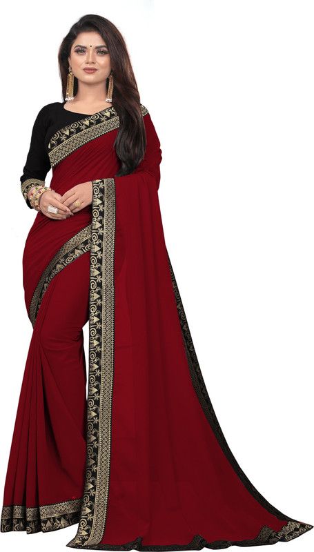 Plain Rajshahi Georgette, Art Silk Saree  (Maroon)