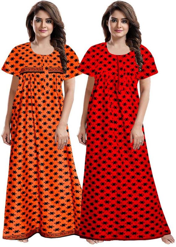 Pack of 2 Women Maternity/Nursing Nighty  (Orange, Red)
