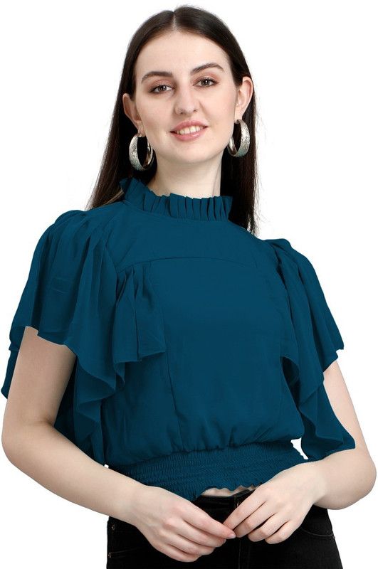 Casual Flared Sleeves Solid Women Blue Top