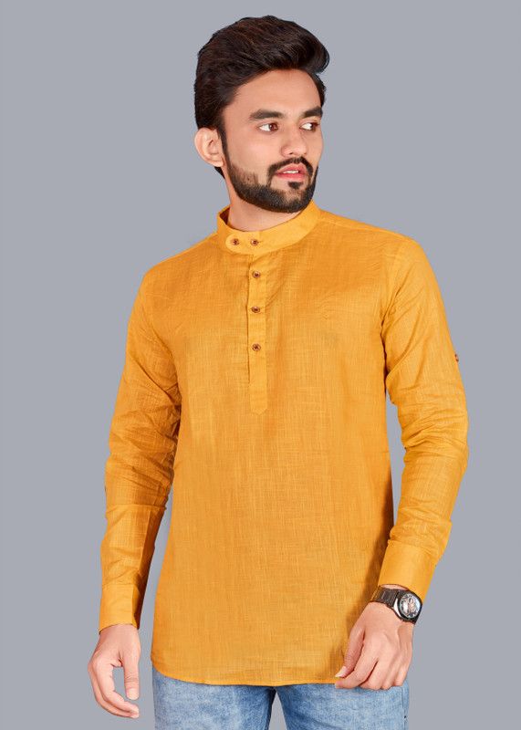 Men Solid Pure Cotton Straight Kurta  (Yellow)
