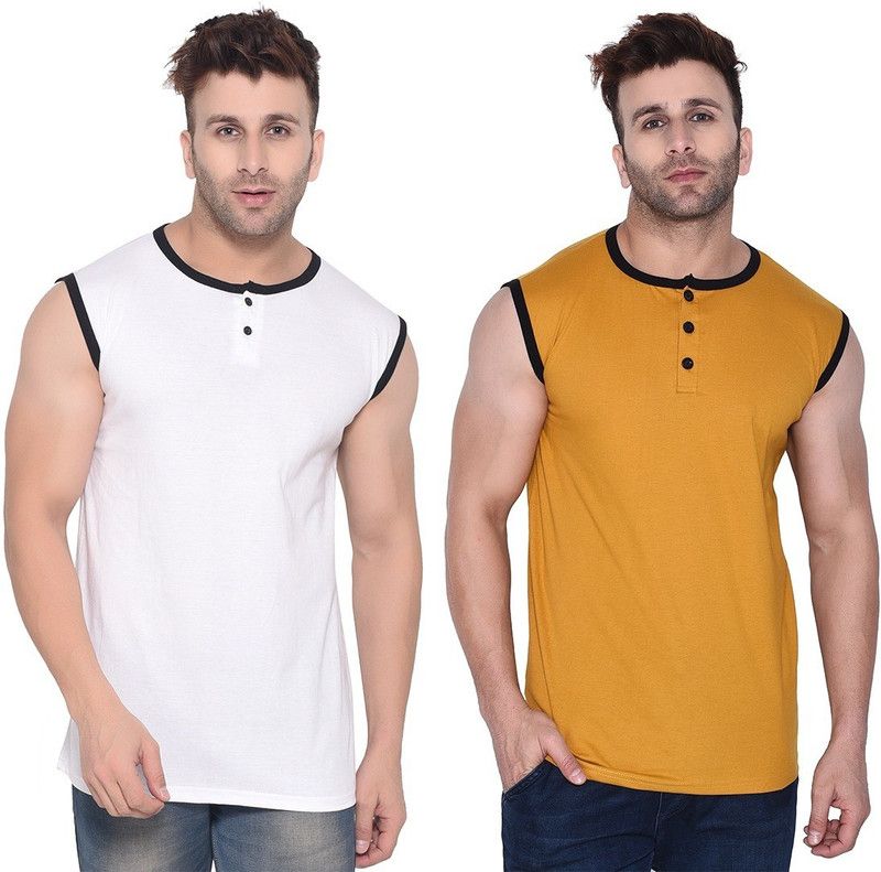 Pack of 2 Men Solid Henley Neck Cotton Blend White, Gold T-Shirt