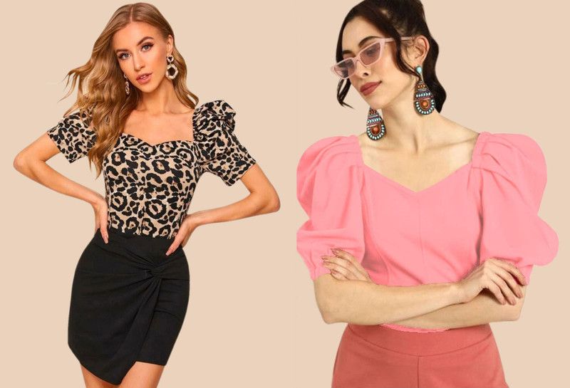Pack of 2 Casual Puff Sleeves Printed Women Multicolor Top