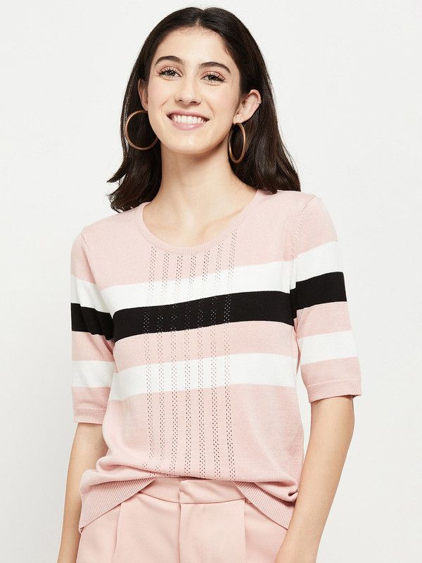 Women Striped Round Neck Viscose Rayon Pink T-Shirt
