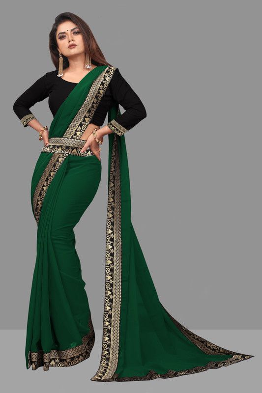 Solid/Plain Bollywood Georgette Saree  (Dark Green)