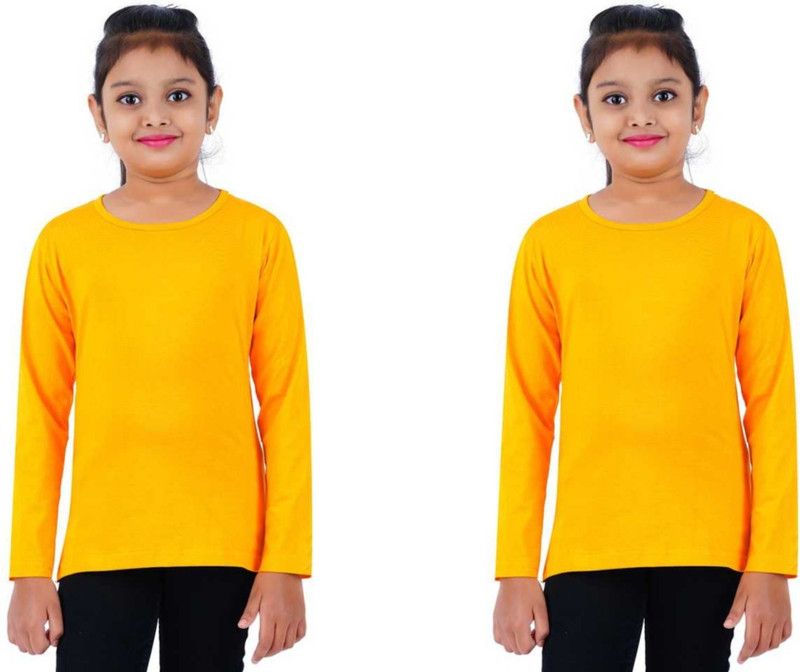 Girls Solid Pure Cotton T Shirt  (Yellow, Pack of 2)